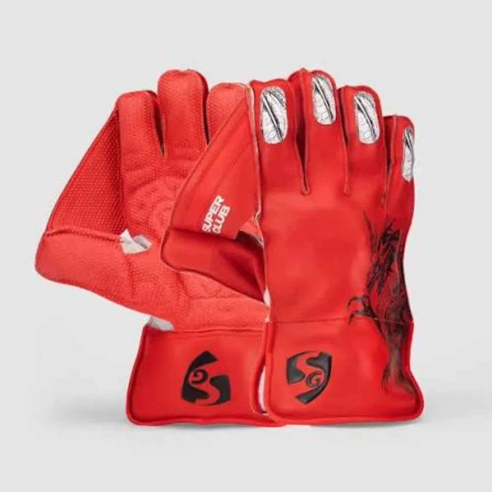 Pair of 11Sports Super Club vibrant red wicket keeping gloves showing front catching surface and backhand.