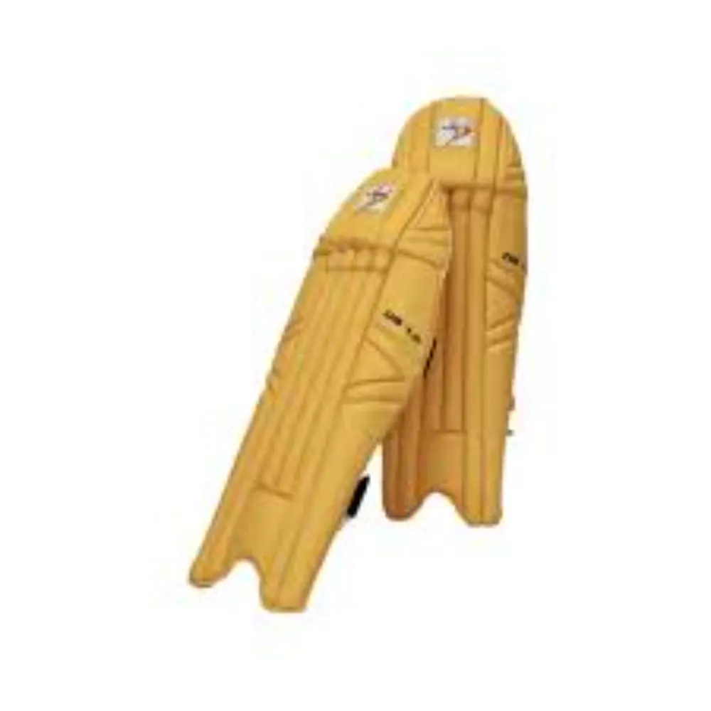 Pair of 11Sports light gold yellow cricket wicket keeping pads standing against a plain white background.