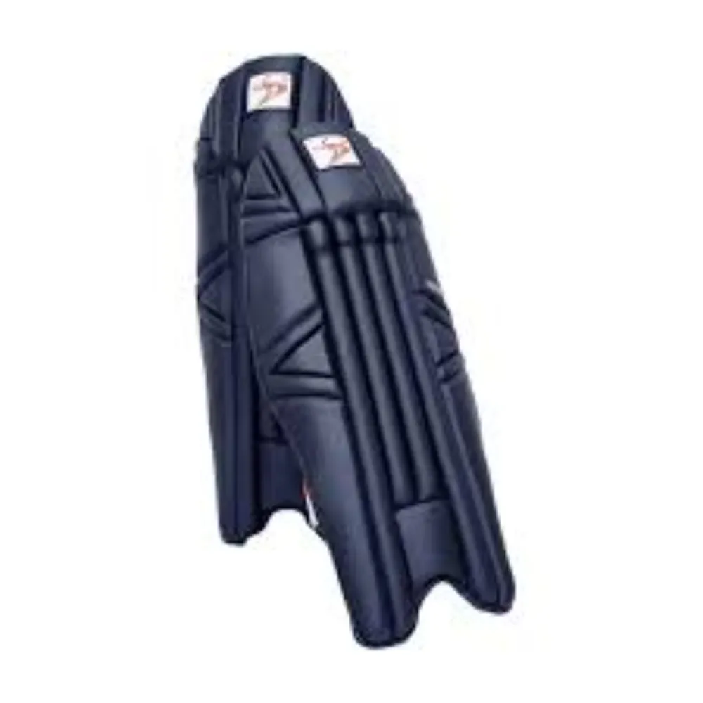 Pair of 11Sports matte navy blue wicket keeping pads showing sleek ribbed front styling.