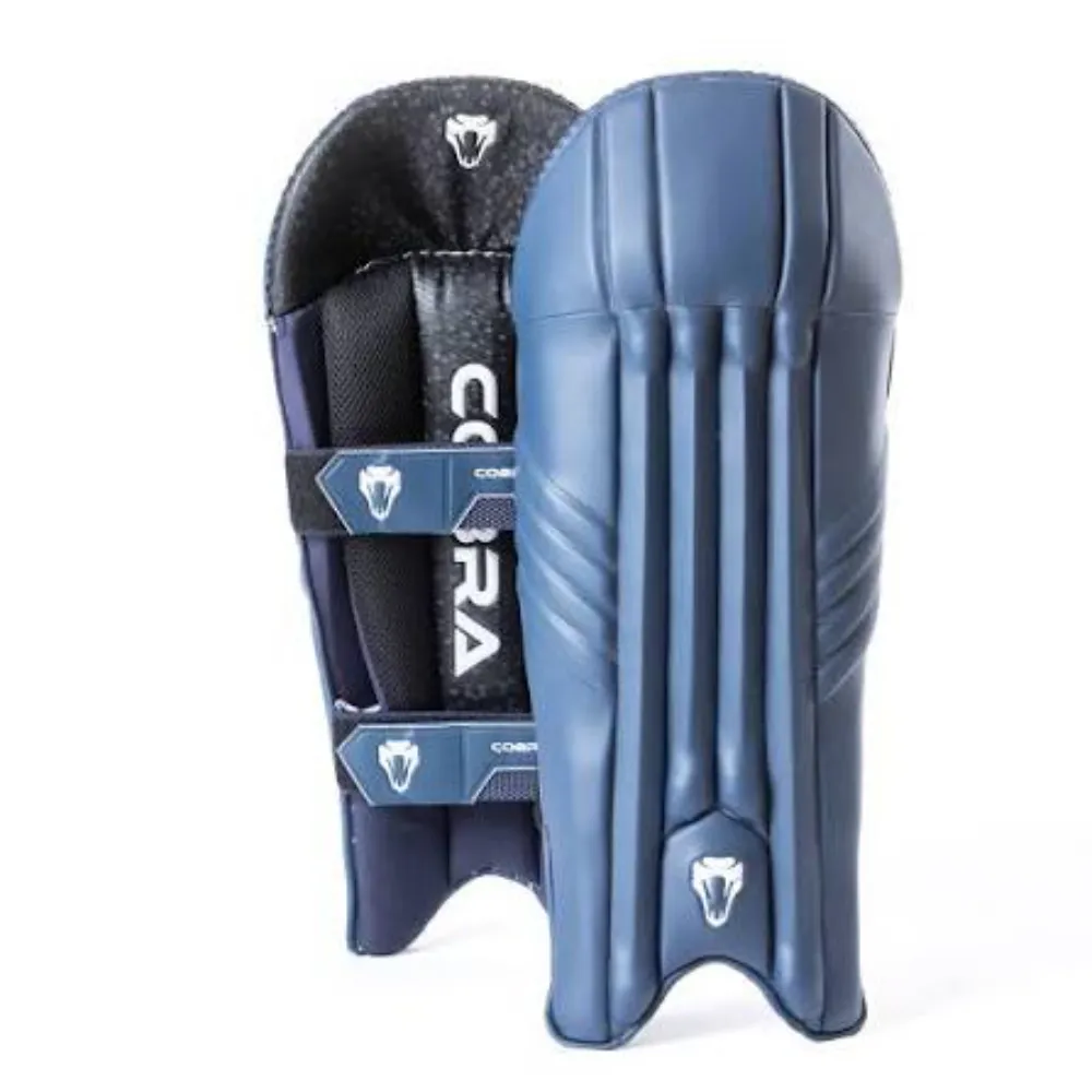 Front and back view of 11Sports Cobra slate blue wicket keeping pads with black interior shin bolsters.