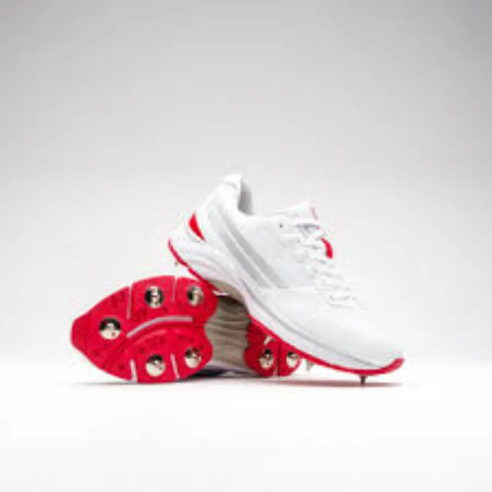 11Sports white and red lightweight cricket bowling spikes showcasing metallic red-cleated outsole.