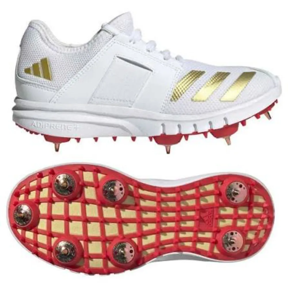 Profile and bottom spike-plate view of 11Sports white and metallic gold cricket spikes with coral red outsole.