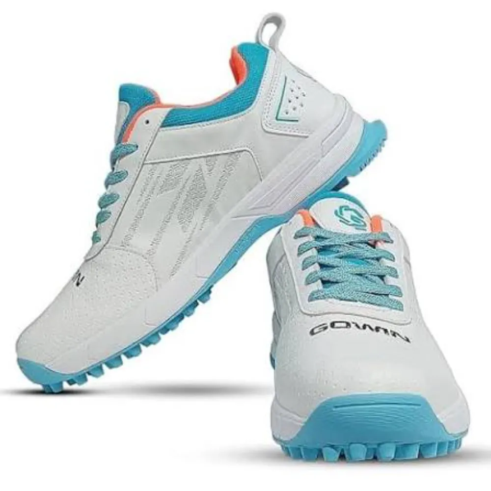 Pair of 11Sports Gowin white and cyan blue cricket turf shoes showing cushioned collar and studded base.